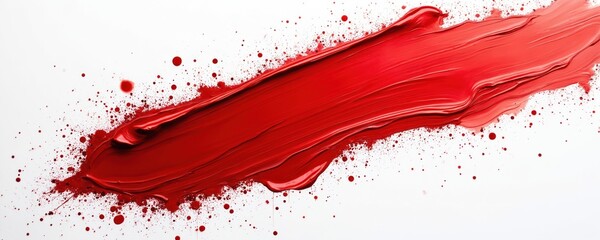 Vibrant red paint streak with splatters on white backdrop in abstract style. Dynamic fluid brushstroke with high color contrast, artistic handmade graphic decoration design element for banner.
