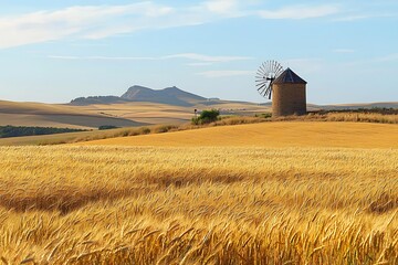 A picturesque countryside with golden wheat fields and a rustic windmill in the background