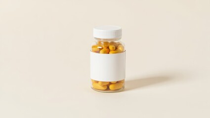 Zinc Supplement. Transparent plastic bottle with yellow capsules, medication supplement concept, healthcare and wellness promotion, isolated light beige background, clean minimalistic pharmaceutical