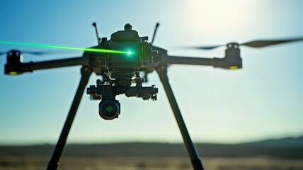 Drone Emitting Bright Green Laser Beam in Scenic Outdoor Setting