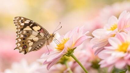 Fototapeta premium Butterfly on Flower: A butterfly rests delicately on a cluster of pink flowers, its intricate wing patterns complementing the soft, blurred background of a garden in full bloom.