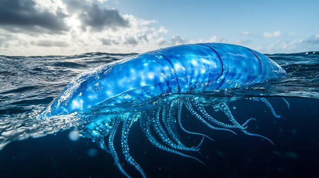 Deadly Portuguese Man o War floating on the ocean surface its translucent blue sail catching the wind venomous tentacles trailing far beneath the waves - Powered by Adobe