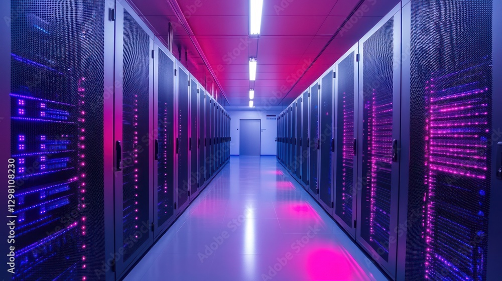 Aufkleber data center server room with rows of lit racks.