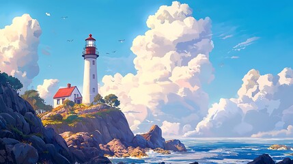 A picturesque lighthouse standing tall on a rocky cliff overlooking the sea
