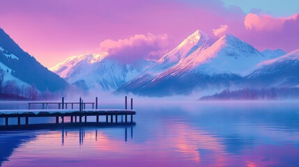 Snowy Mountain Lake Sunrise Dock