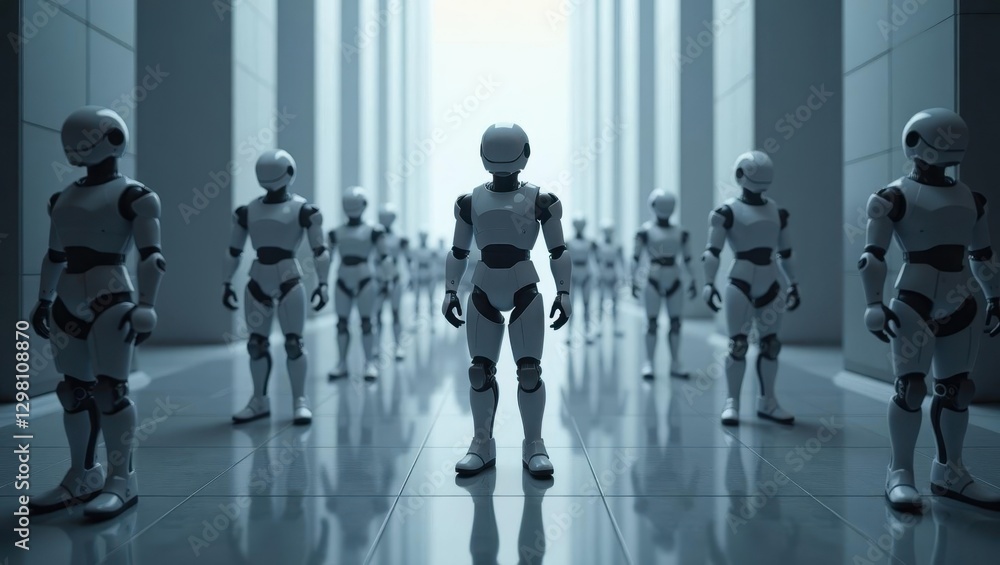 Aufkleber ai npcs. futuristic white humanoid robots standing in formation in polished high-tech corridor with 