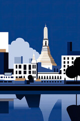 Stylized architectural illustration of a grand historical building reflected on water, clean geometric composition, AI-generated.