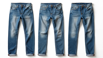 Stylish set with modern jeans isolated on transparent background. Apparel of trendy casual denim attire. Blue trousers pants suitable for creating fashionable outfits. Hip, chic, cool clothing design.