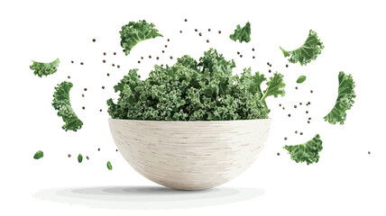 A studio shot against a white background shows a spherical off-white bowl containing a bunch of fresh, dark green kale.  Several pieces of kale are shown levitating around the bowl, along with
