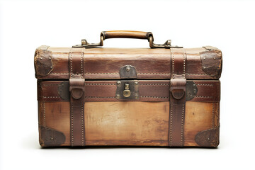 An antique leather suitcase isolated on a white background.