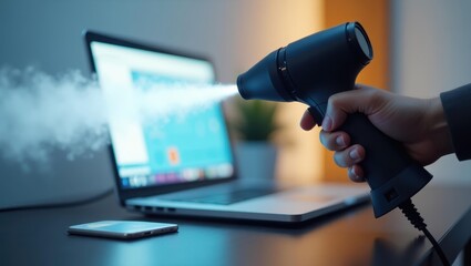 Air Duster. Hand is holding hair dryer and laptop on desk
