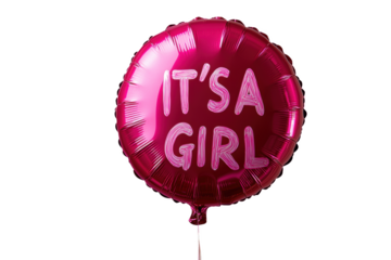 Ballon rond rose fuchsia avec inscription "IT'S A GIRL" sur fond blanc.