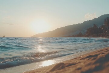 Fototapeta premium Golden hour coastline splendor with serene waters at dusk horizon vista