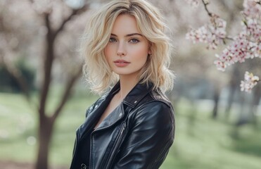Obraz premium Beautiful blonde woman in leather jacket and dress posing in blooming spring park