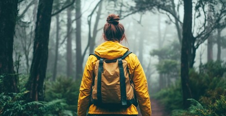 Fototapeta premium Woman in Yellow Jacket Hiking in Misty Forest
