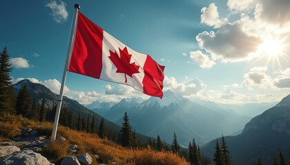Majestic Canadian flag waving wind against mountain landscape clear blue sky. National red maple leaf symbol Canada. Canadian pride patriotism freedom concept. Travel vacation destination landmark