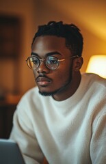 Obraz premium Young African American Man Working on Laptop in Dimly Lit Room