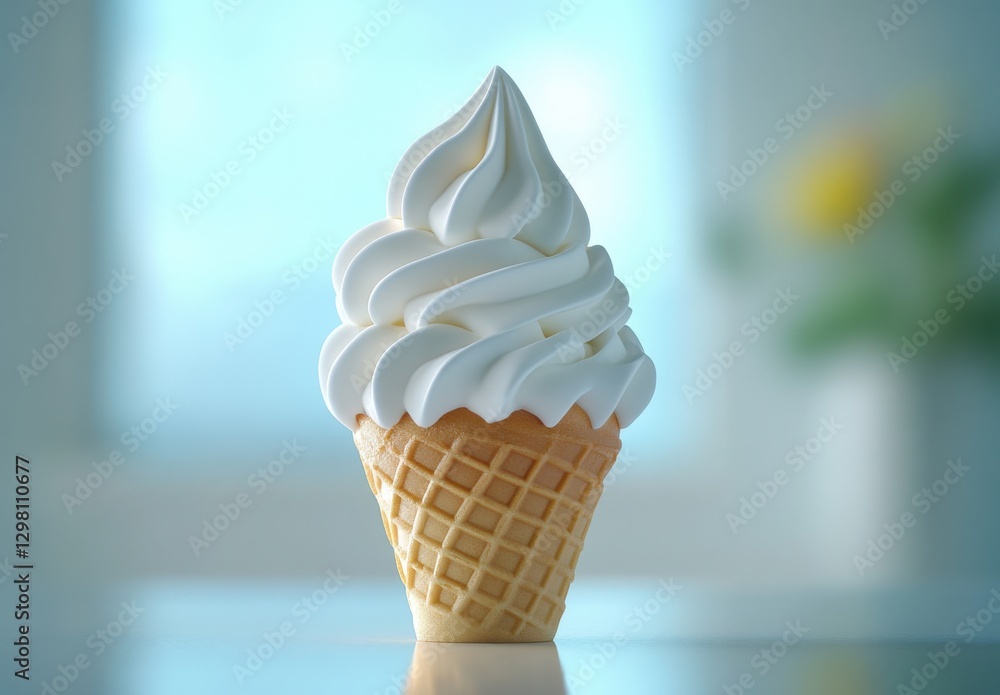 Poster smooth and creamy vanilla ice cream in crisp waffle cone with soft swirls and captivating background