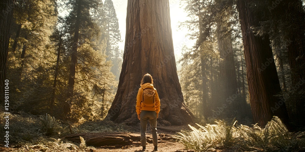 Poster a person in a yellow jacket stands in awe before a vast ancient tree. sunlight filters through tall 