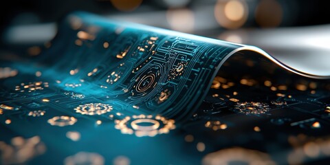 Fototapeta na wymiar A close-up view of a vibrant, futuristic circuit pattern on a flexible surface, showcasing intricate designs and glowing elements.