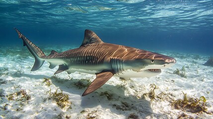 Fototapeta premium Deadly Tiger Shark prowling near the shoreline its striped muscular body moving with precision eyes locked onto unsuspecting prey in the shallows