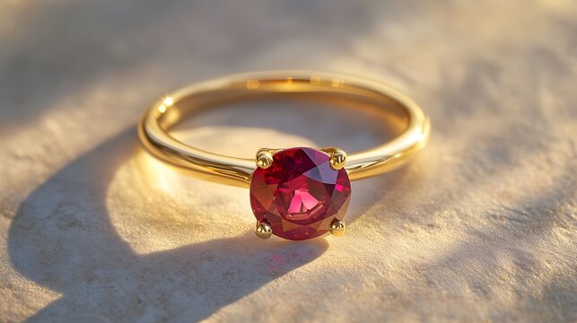 86. A stunning ruby ring set in a gold band, glowing softly in natural light