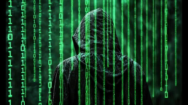Mysterious Figure in Hoodie Surrounded by Green Binary Code Digital Background