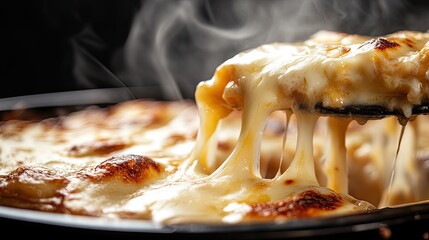Hot cheesy pasta dish, steaming, pulled cheese