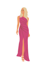 Beautiful Woman in fashion dress for evening or cocktail party, event. Pretty girl wearing stylish clothes. Vector realistic illustration isolated on transparent background.