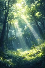 Obraz premium Sunlight Filtering Through Lush Green Forest Canopy Creating a Serene and Tranquil Atmosphere in a Verdant Woodland Setting