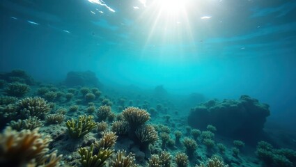 Naklejka premium Blue Carbon. Sunlit underwater coral reef with vibrant marine life, scuba diving adventure, ocean exploration, tropical sea nature background, peaceful blue water environment ideal for travel or envi