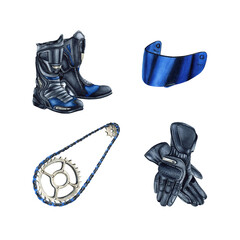 Set with moto gear, equipment. Gloves, chain, boots and blue visor. Protective Moto wear and accessories. Watercolor illustration isolated from the background. For motorcycle clothing store, workshop © Yulia Kapura