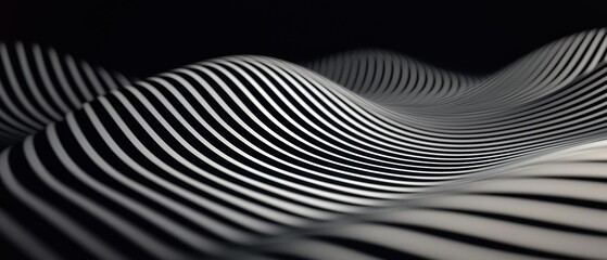 A visually striking abstract image of flowing black and white stripes creating a wave-like pattern against a dark background.