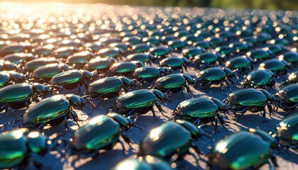 Obraz premium A close-up view of numerous shiny green beetles clustered together, catching the sunlight, creating a striking visual effect in nature.