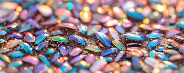 Obraz premium A vibrant close-up of iridescent beetle shells, showcasing a dazzling array of colors that shimmer in the light.