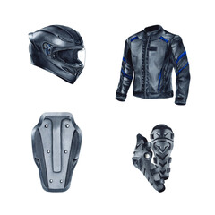Set with moto gear. Crash helmet, kneepad, back insert protection and jacket. Protective Moto wear. Watercolor illustration isolated from the background. For motorcycle clothing and accessories store © Yulia Kapura