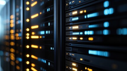 Naklejka premium Close-up of illuminated server racks in a data center