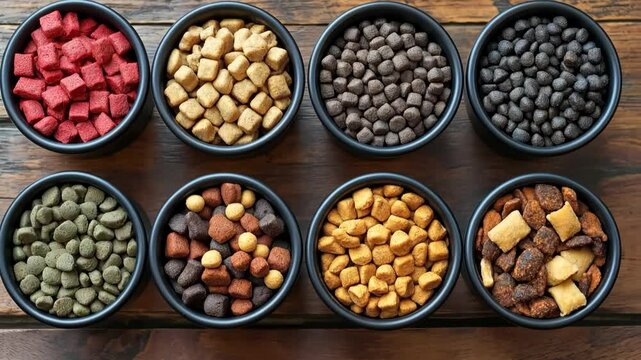 Variety of dog food in different colors and shapes are displayed in black bowls on a wooden table