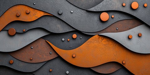 Obraz premium A textured abstract design featuring wavy patterns in shades of gray and rust, complemented by circular accents.