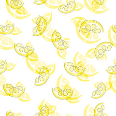 Fresh yellow fruits of lemon, lime, with green leaves and flowers. Seamless citrus texture on a white background. Whole lemon slice. Doodle Minimal Style. Black line. Vector illustration.