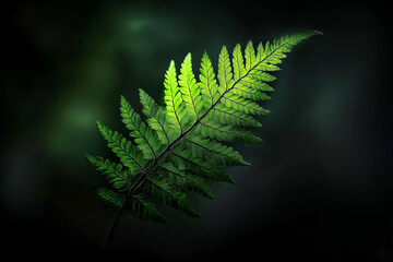 A beautifully detailed fern leaf glowing in soft natural light against a dark, blurred background.