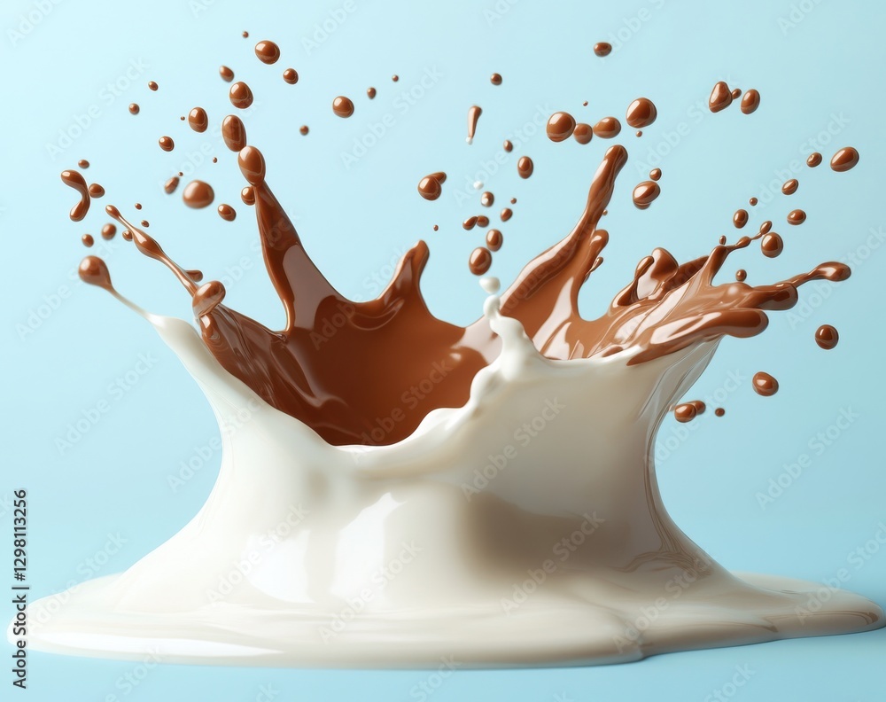 Poster splashes of creamy chocolate and milk creating dynamic art in an abstract style on a soft blue backg
