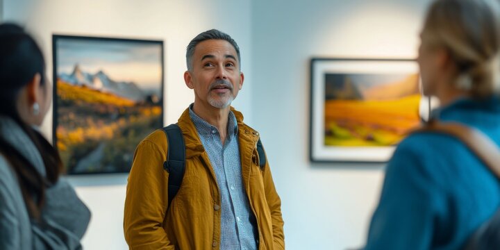 A man is engaged in a lively conversation at an art gallery. He wears a casual jacket, and the atmosphere is warm and inviting. The artwork in the background showcases stunning nature imagery. AI