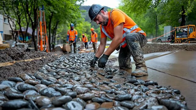 Man in an orange shirt is laying down some rocks. There are other men in orange shirts working on the project