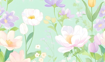 Floral design in purple and blue tones with white peonies and yellow tulips, green leaves, simple hand drawn style, Generative AI