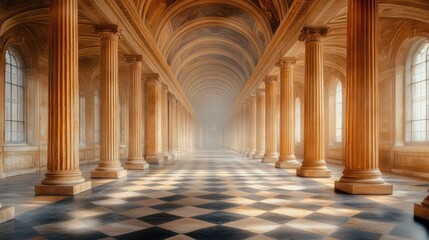 Sunlit grand hall with columns, checkered floor, and misty atmosphere.
