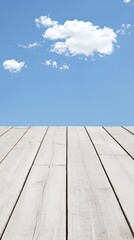White Wooden Deck Against A Bright Blue Sky With Fluffy Clouds
