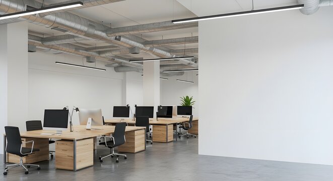 White open space office interior, mock up wall