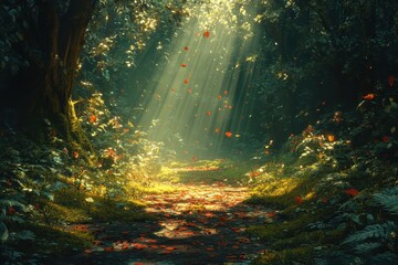 Obraz premium Enchanting Forest Path with Sunlight Filtering Through Trees and Falling Autumn Leaves