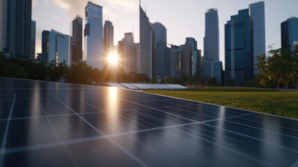 Urban skyline with solar panels at sunset